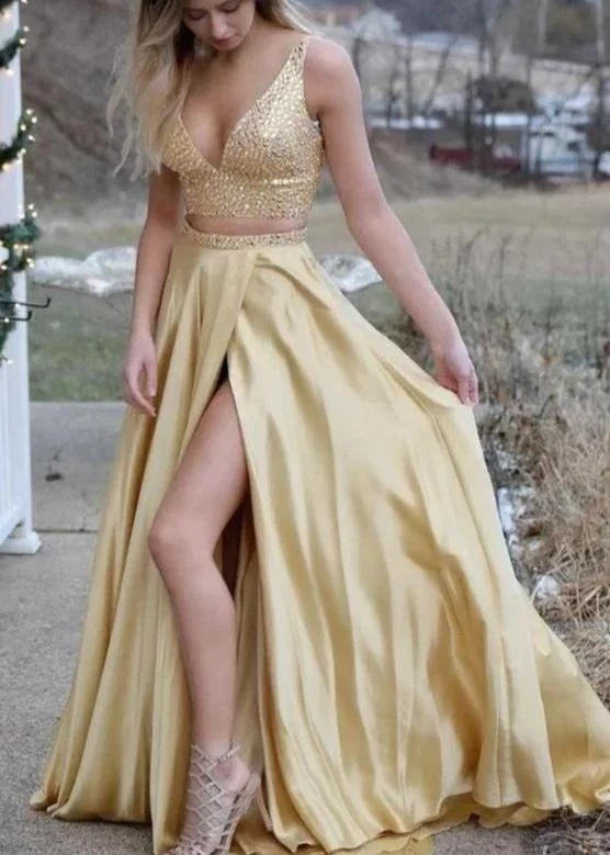 Bonus Savings A-Line V-neck Yellow Satin Beaded Long Two Piece Prom Dress JKQ118