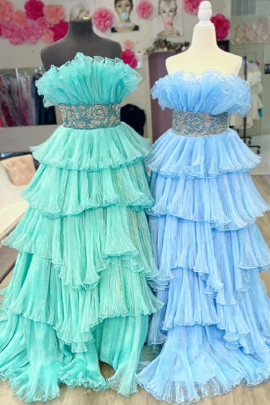 Take Advantage high-waisted dressMint Green Ruffled Strapless Layers Long Prom Dress with Beaded Waistband