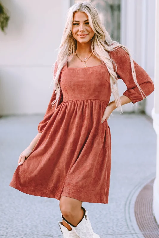 Can't Miss Brown Suede Square Neck Puff Sleeve Dress