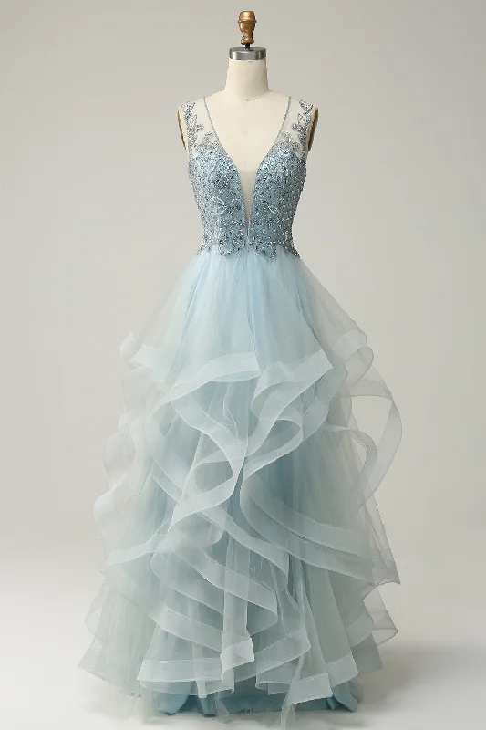 Price Reduction casual shift dressLight Blue Beaded Ruffle Layers Long Formal Gown