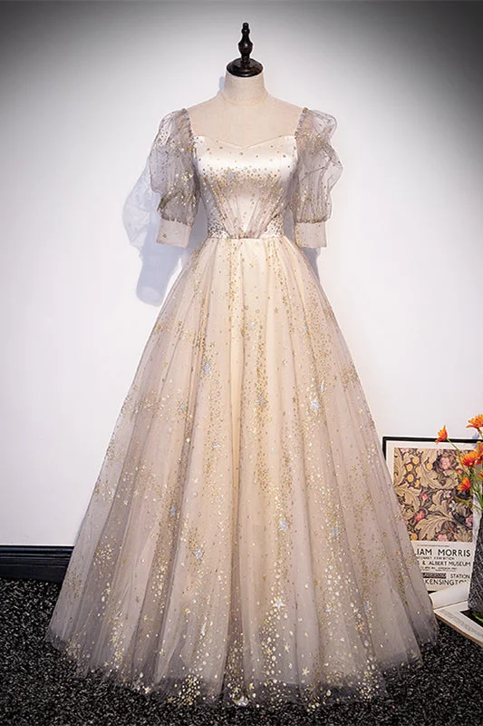 Final Markdown A-line dressChampagne Sweetheart Illusion Puff Sleeves Gold Prints Long Formal Dress
