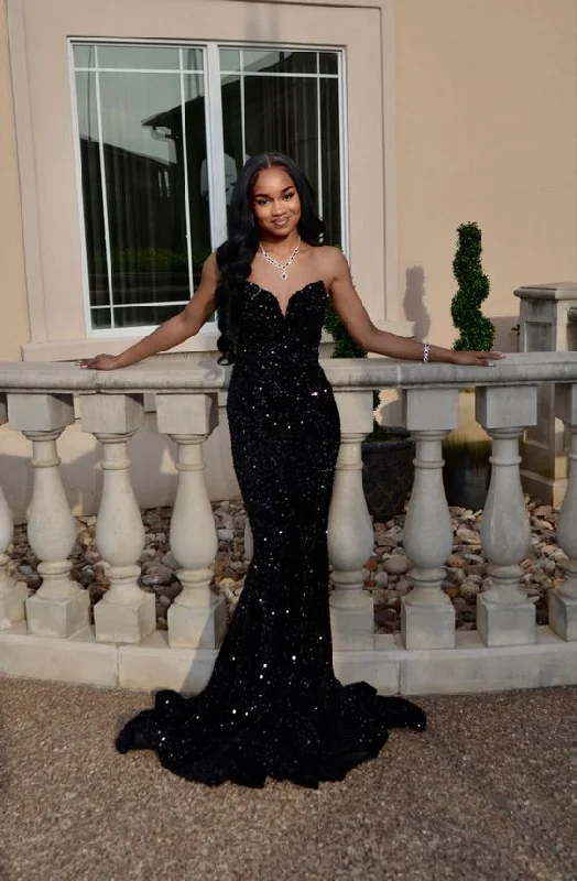 Closeout elegant dressBlack sequin prom dress, long mermaid prom dresses Y4134