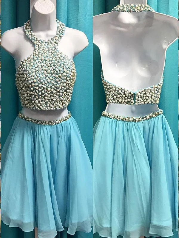 Price Slash Two Piece Homecoming Dresses Beading Chiffon Short Prom Dress Halter Party Dress JK794