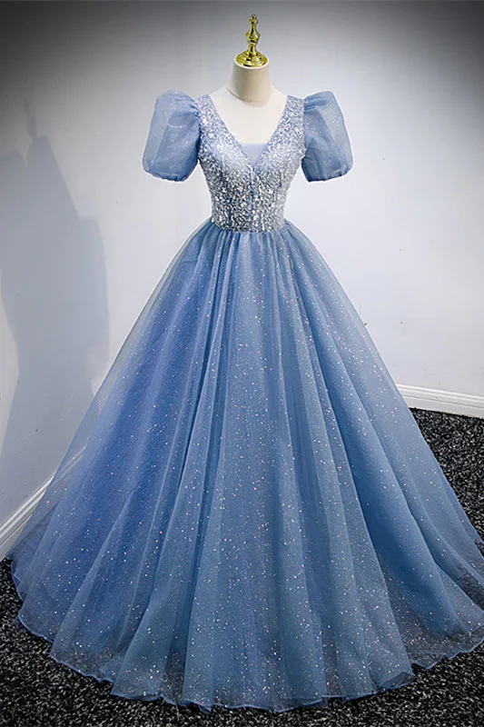 Flash Sale mini dressBlue Tulle V Neck Puff Sleeves Applique Lace-Up Back Long Formal Dress Flash Sale mini dressBlue Tulle V Neck Puff Sleeves Applique Lace-Up Back Long Formal Dress