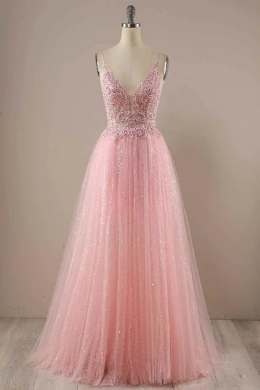 Price Reduction minimalistic dressCandy Pink A-line V Neckline Sparkly Tulle Applique Long Prom Dress