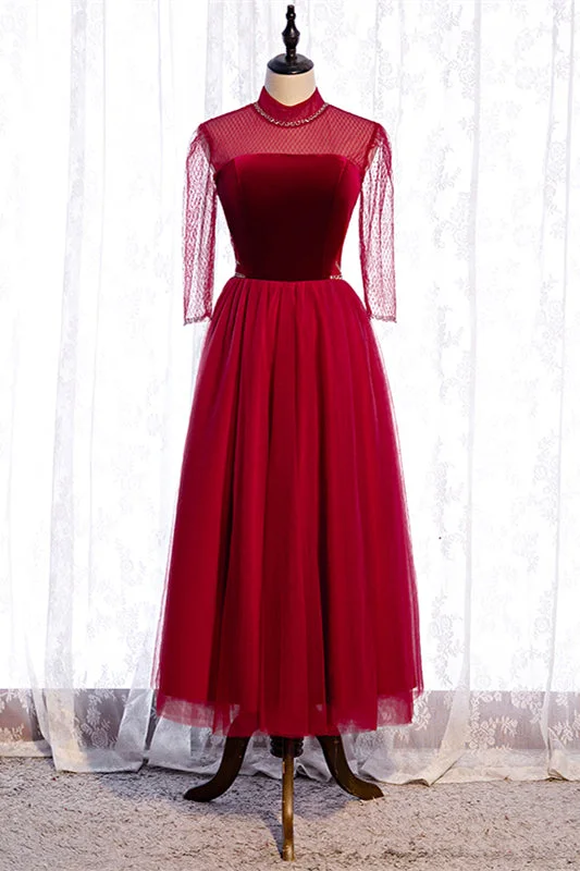 Deal Frenzy puff sleeve dressRed Illusion High Neck Long Sleeves Beaded Tulle Ankle Length Formal Dress