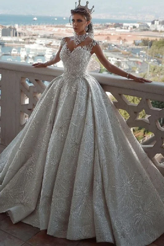 Mega Sale Romantic Sequined Pattern A line Wedding Dress V Neck Sleeveless Crystal Gowns