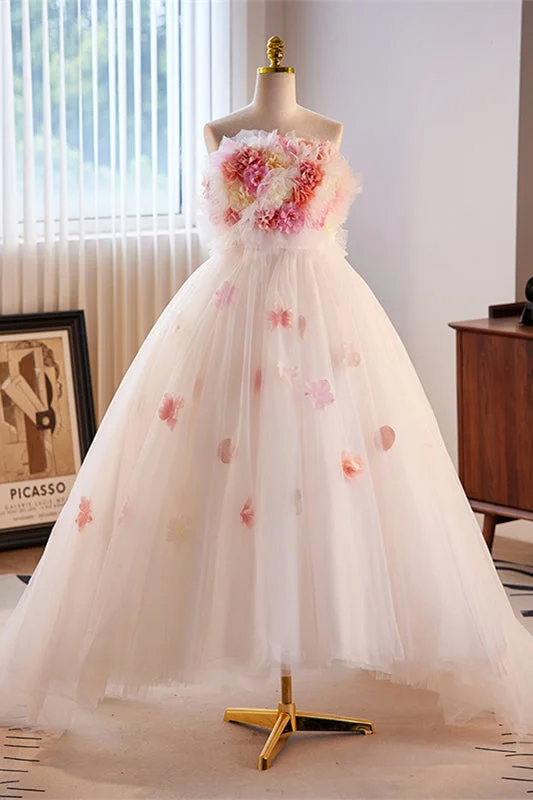 Can't Miss floral dressWhite Ruffled Strapless Floral A-line Tulle Long Prom Dress