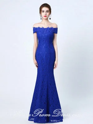 Exclusive Access Lace Prom Dresses Off-the-shoulder A Line Floor-length Lace-up Royal Blue Prom Dress JKL586