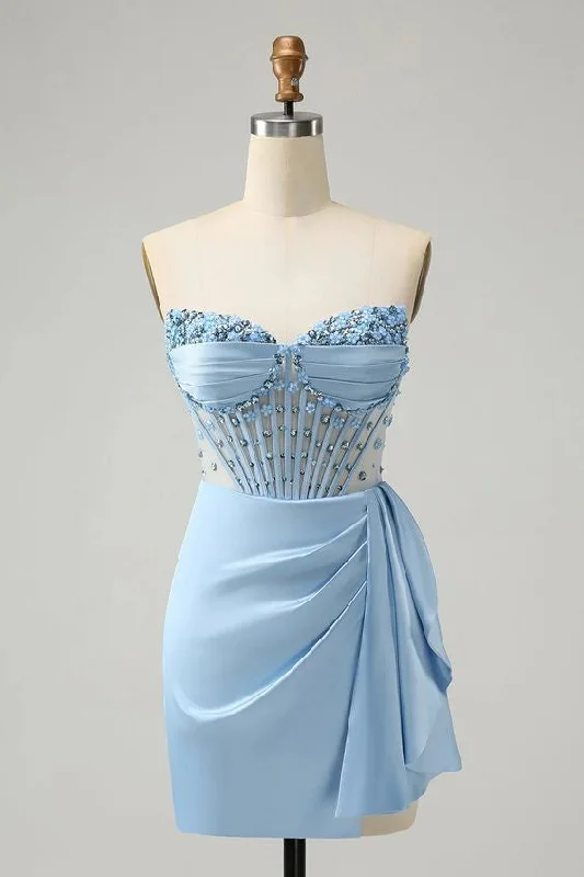 Price Blitz high-waisted dressSparkly Blue Bodycon Corset Homecoming Dress with Beading Sweetheart Cocktail