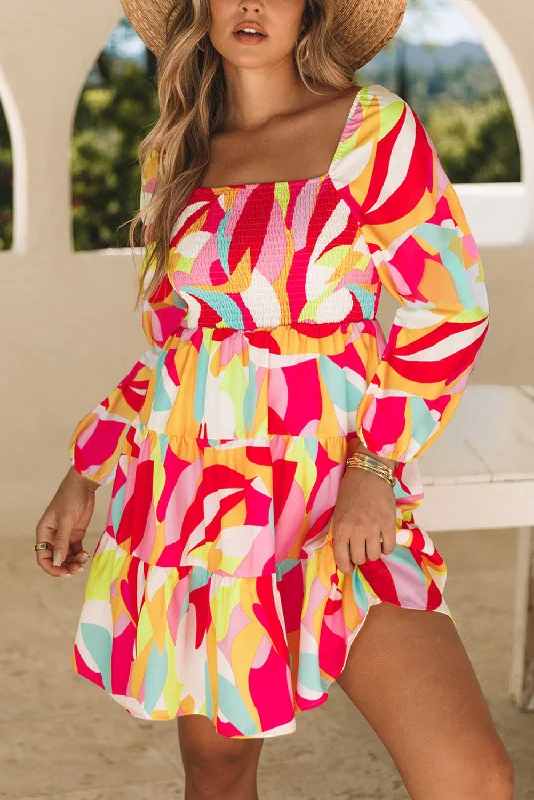 Don't Wait Multicolor Abstract Print Puff Sleeve Smocked Square Neck Dress