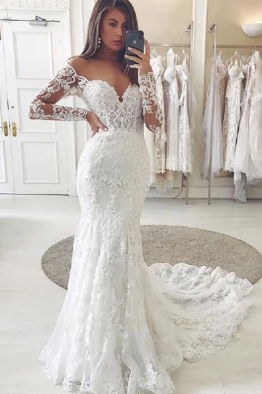 Members Only Charming Lace Appliques Mermaid Wedding Gown Long Sleeves Sweetheart Bridal Dress