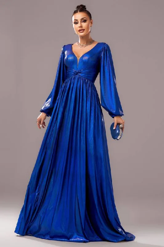 Seasonal Sale flowy evening dressBlue Satin A-Line V-Neck Long Sleeves Party Evening Dress