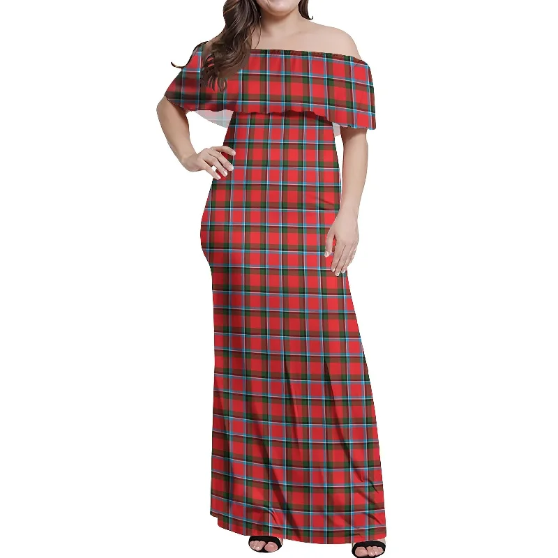 Don’t Miss Out Sinclair Modern Tartan Off Shoulder Long Dress