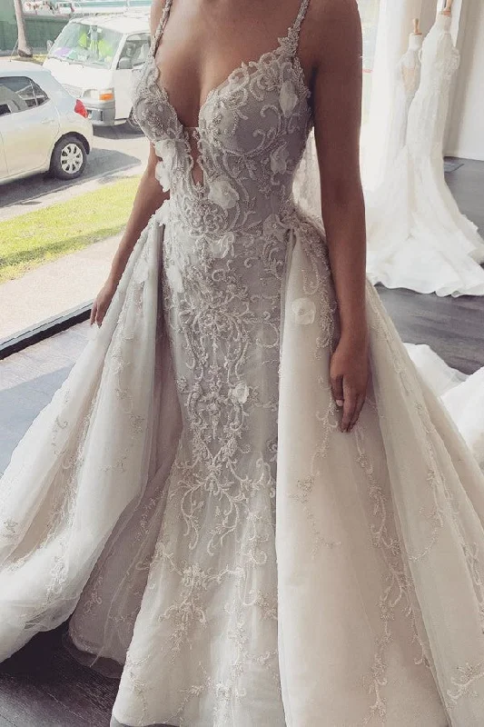 Quick Sale Modern V neck Sleeveless Lace Overskirt Bridal Gowns For Wedding New Arrival