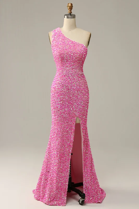 Special Savings flowy maxi dressPink One Shoulder Straps Mermaid Sequins Long Prom Dress with Slit
