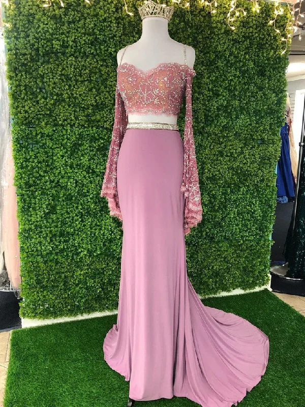 Today's Special Sheath/Column Prom Dress Off-the-Shoulder Long Sleeve Two Piece Prom Dress JKQ120