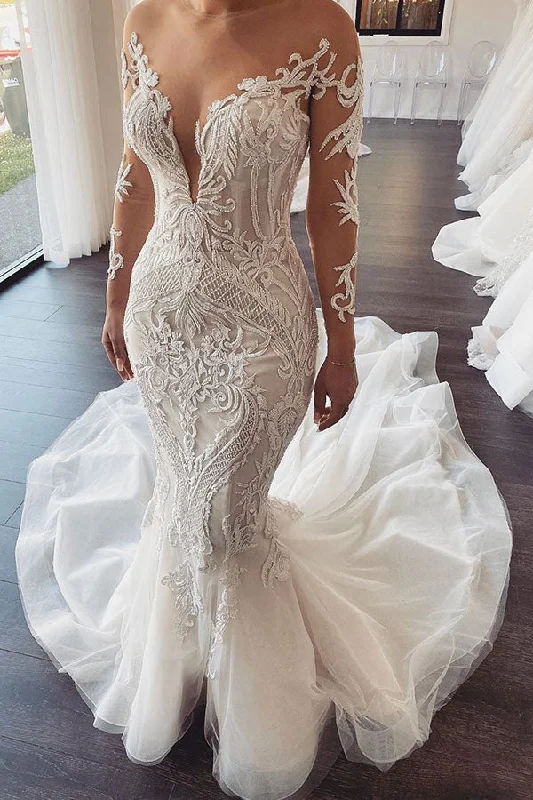 Midnight Madness Long Sleevess V neck Lace Mermaid white Wedding Dresses Online