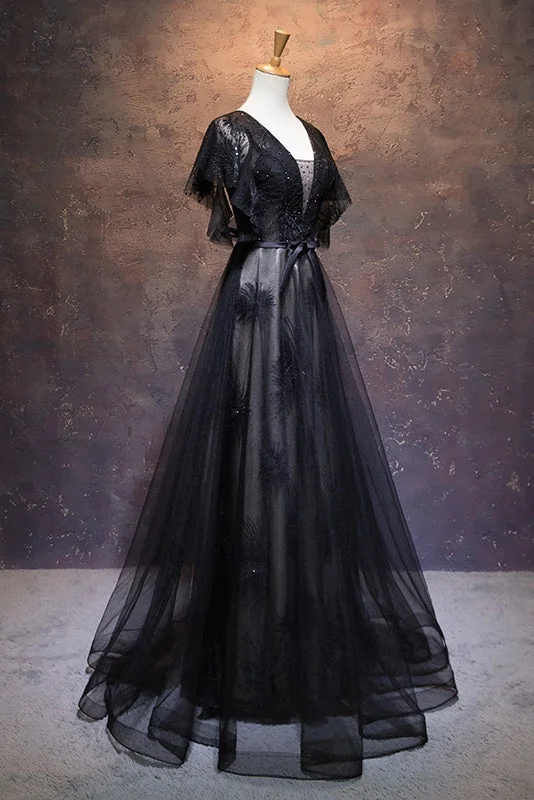 Year-End Sale Modest Black Long A-line V-neck Black Prom Dresses Chic Party Dresses