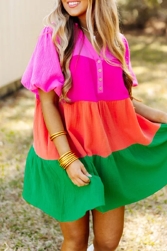 Price Break Multicolor Color Block Tiered Puff Sleeve Dress