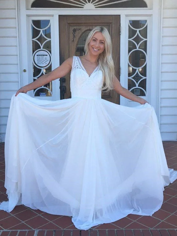 Special Savings Beautiful Prom Dresses with Straps V-neck A Line Chiffon Long Simple Lace Prom Dress JKL1573
