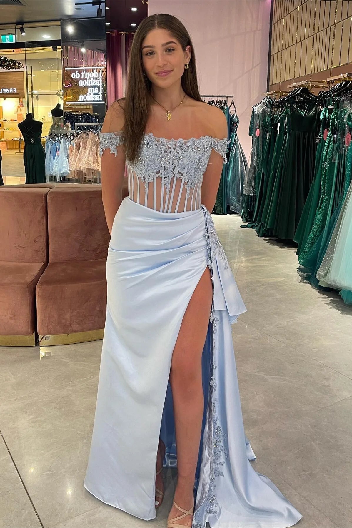 Warehouse Sale summer floral dressOff-Shoulder Satin Trumpet Sheer Empire Appliques Prom Dress