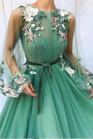 Massive Deals Long Sleeve Tulle A-Line Prom Dresses Sweetheart Applique Evening dress GJS115