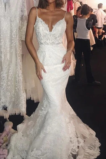 Online Only satin midi dressMermaid V-Neck Sleeveless Open Back Lace Wedding Dress