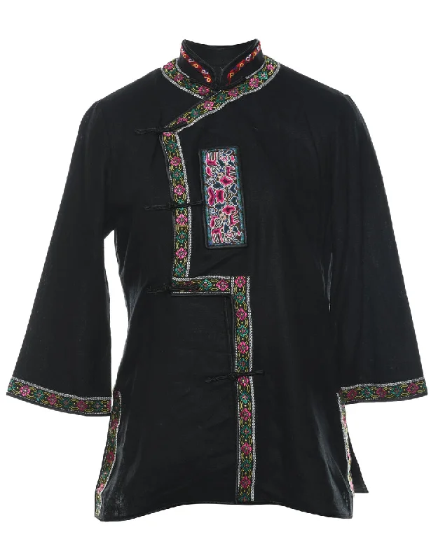 Factory Direct Sale cozy fleece coatFloral Pattern Black, Green & Pink Embroidered Jacket - M