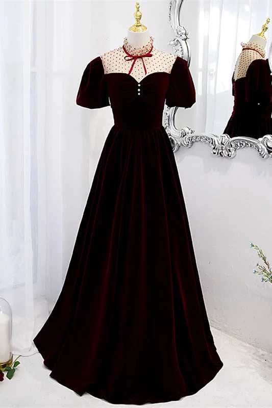 Year-End Clearance elegant dressBurgundy Illusion Neck Puff Sleeves Bow Tie Maxi Formal Dress with Buttons Year-End Clearance elegant dressBurgundy Illusion Neck Puff Sleeves Bow Tie Maxi Formal Dress with Buttons