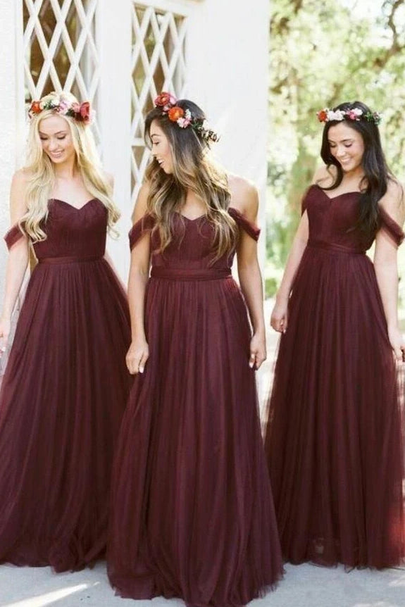 Quick Sale floral midi dressTulle A-Line Off-Shoulder Sleeveless Bridesmaid Dress