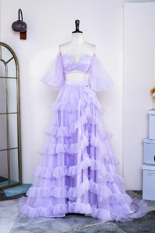 Discount Mania A-line dressLavender Off-Shoulder Layers Two-Piece Puff Sleeves Long Prom Dress with Slit