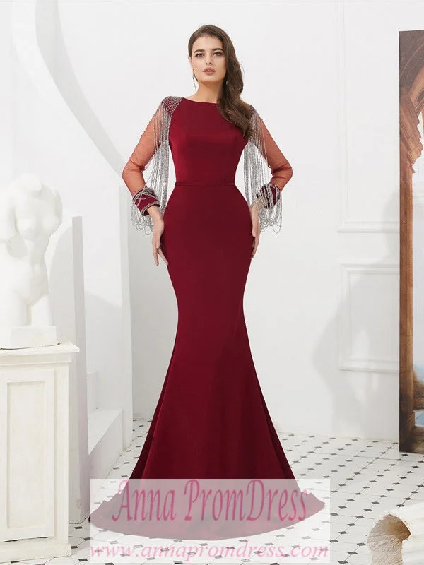 Instant Discount Long Sleeve Prom Dresses Mermaid Long Burgundy Beading Sexy Gorgeous Prom Dress JKL1608