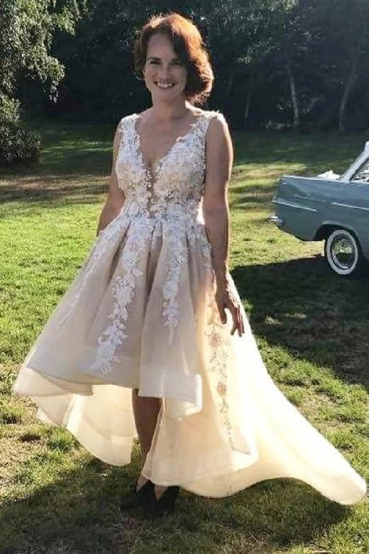 Huge Savings V Neck Hi Lo Lace Appliques Wedding Dress On Sale