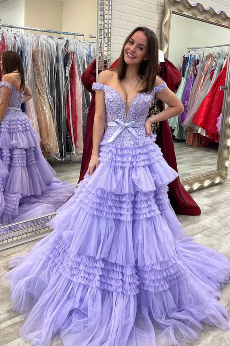 Grand Opening Sale ashionable dressTulle A-Line Off-Shoulder Tiered Appliques Empire Prom Dress