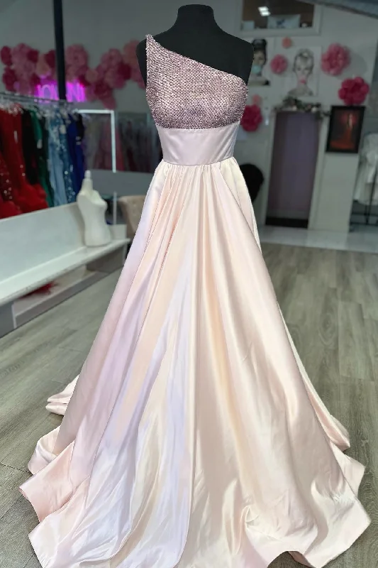 Unbeatable Prices casual summer dressLight Pink One-Shoulder Beaded A-line Satin Long Prom Dress