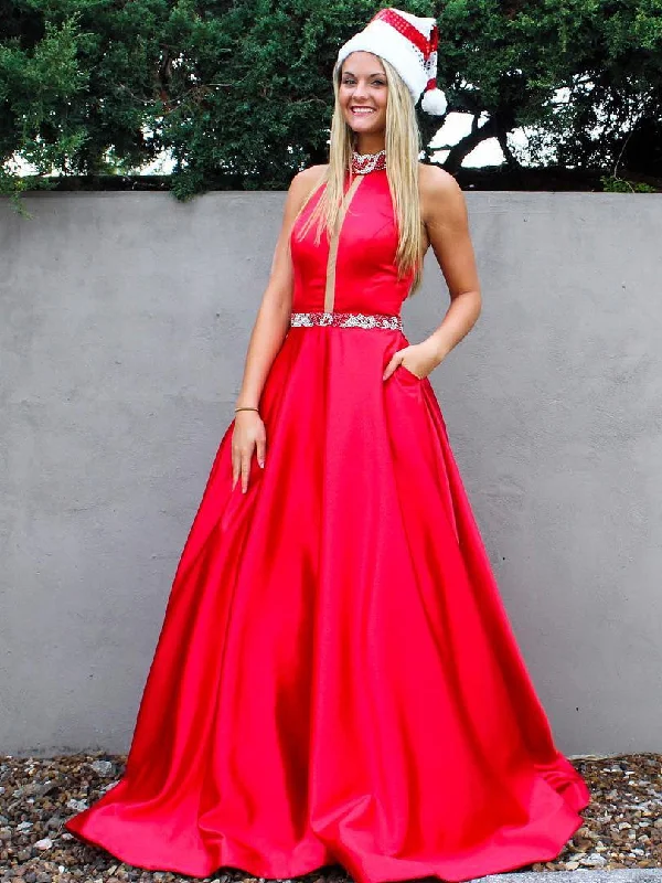 Price Smash Long Prom Dresses High Neck A-line Floor-length Rhinestone Sexy Red Prom Dress JKL638