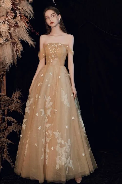 Friends and Family Sale t-shirt dressGold Off the Shoulder Long Prom Dress with White Stars