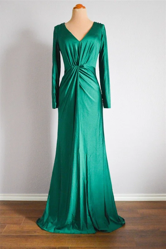Deal Mania party-ready dressPeacock Green Mermaid Long Sleeves Pleated Twisted Knot Long Bridesmaid Dress