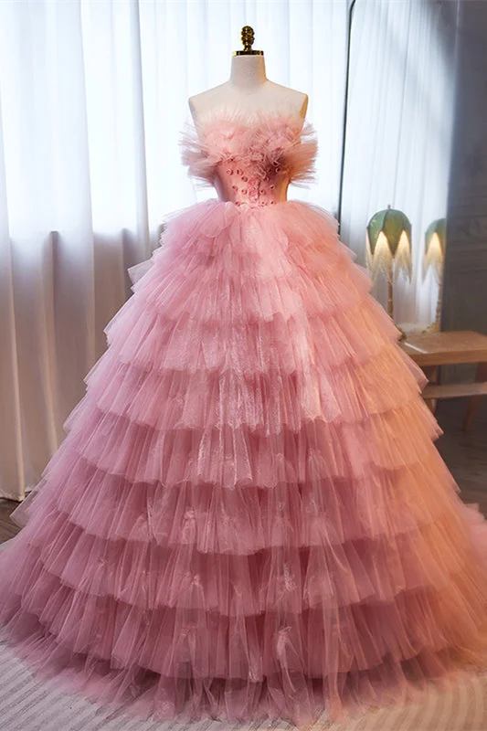 The Best Prices flowy maxi dressPink Ruffled Strapless A-line Multi-Layers Long Prom Dress