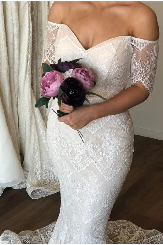Hurry In Off The Shoulder Lace mermaid Wedding Dresses Floor Length Bridal Gowns