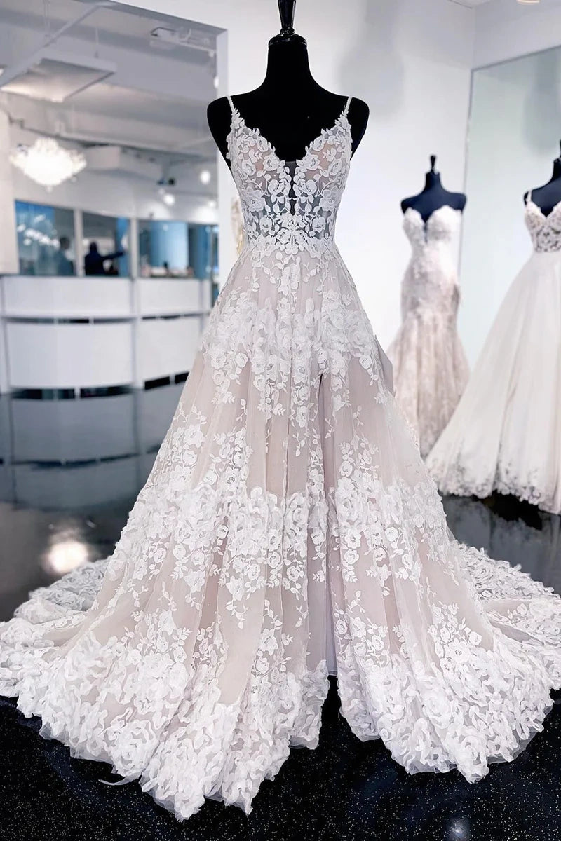 Hot Deal fitted dressV-Neck Spaghetti Straps Lace A-Line With Train Wedding Dress