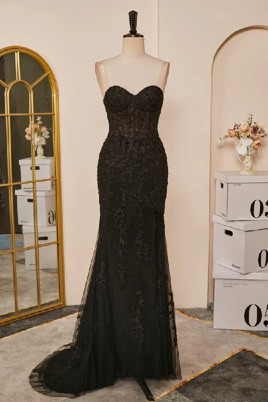 Special Discount winter dressBlack Mermaid Strapless Appliques Long Prom Dress with Slit