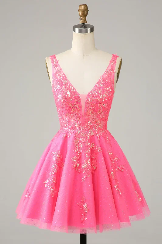 Customer Appreciation Sale textured dressFuchsia Sequined V Neck Backless Short Homecoming Dress  Y4093