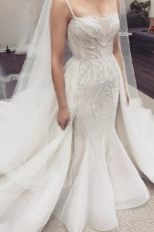 Online Only White Illusion neck White Sleeveless Mermaid Wedding Dress with Overskirt