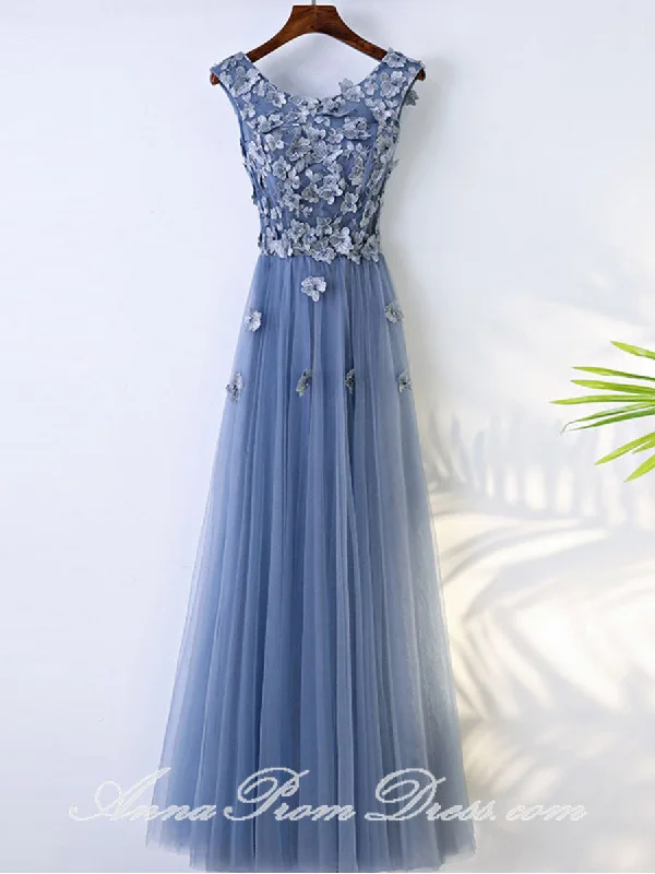 Clearance Event Long Prom Dresses Scoop A Line Appliques Lavender Tulle Chic Prom Dress JKL585