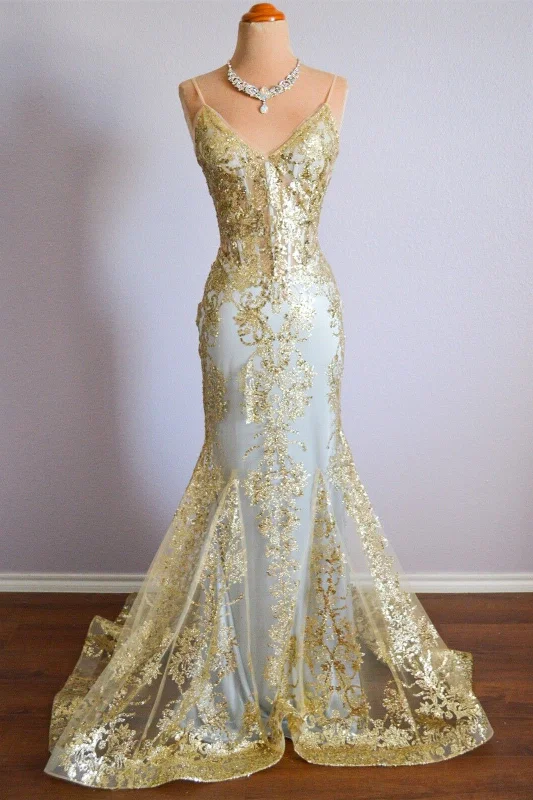Final Clearance trendy mini dressGold Mermaid Spaghetti Strap V Neckline Sparkly Long Formal Dress
