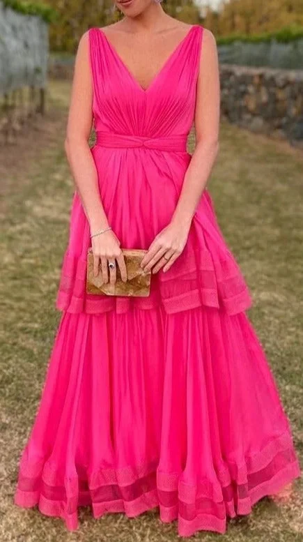 Act Now Hot Pink V-Neck A-Line Chiffon Two Layers Evening Dresses Long Prom Dresses
