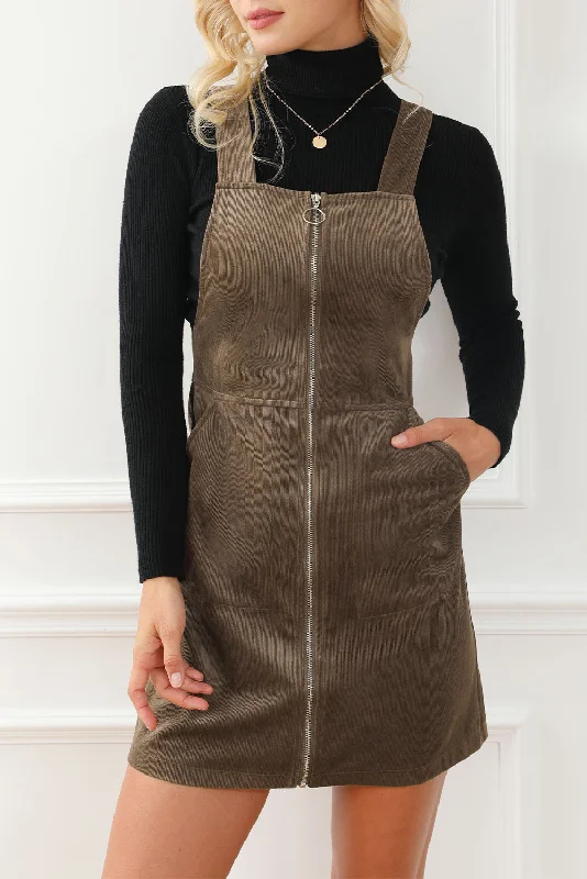Exclusive Deal Brown O-ring Zip Up  Pocketed Corduroy Dress
