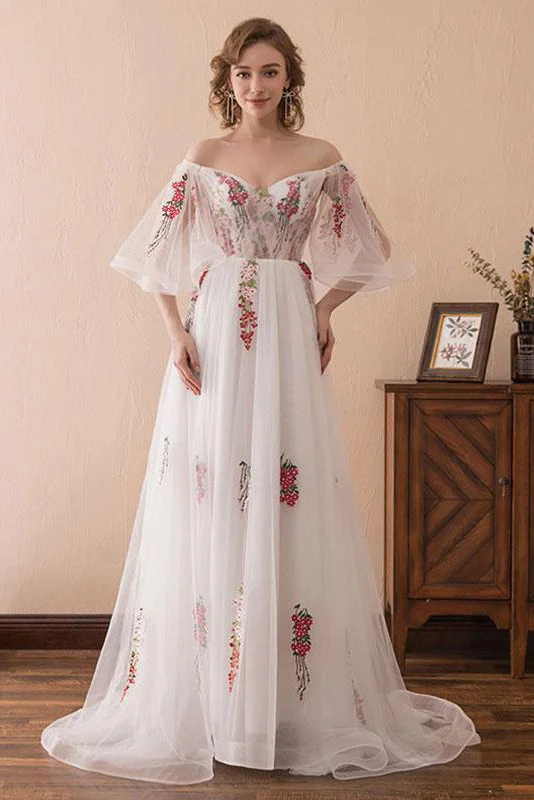 Best Bargains White A line V Neck Tulle Lace Long Prom Evening Formal dress GJS273